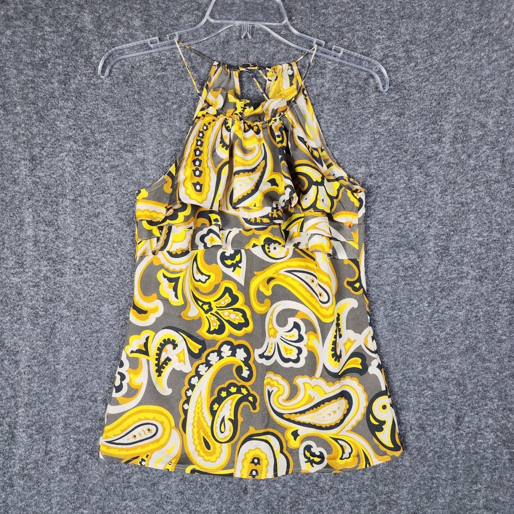 Banana Republic Top Womens XS Paisley Yellow Ruffle Tiered Halter Blouse EUC